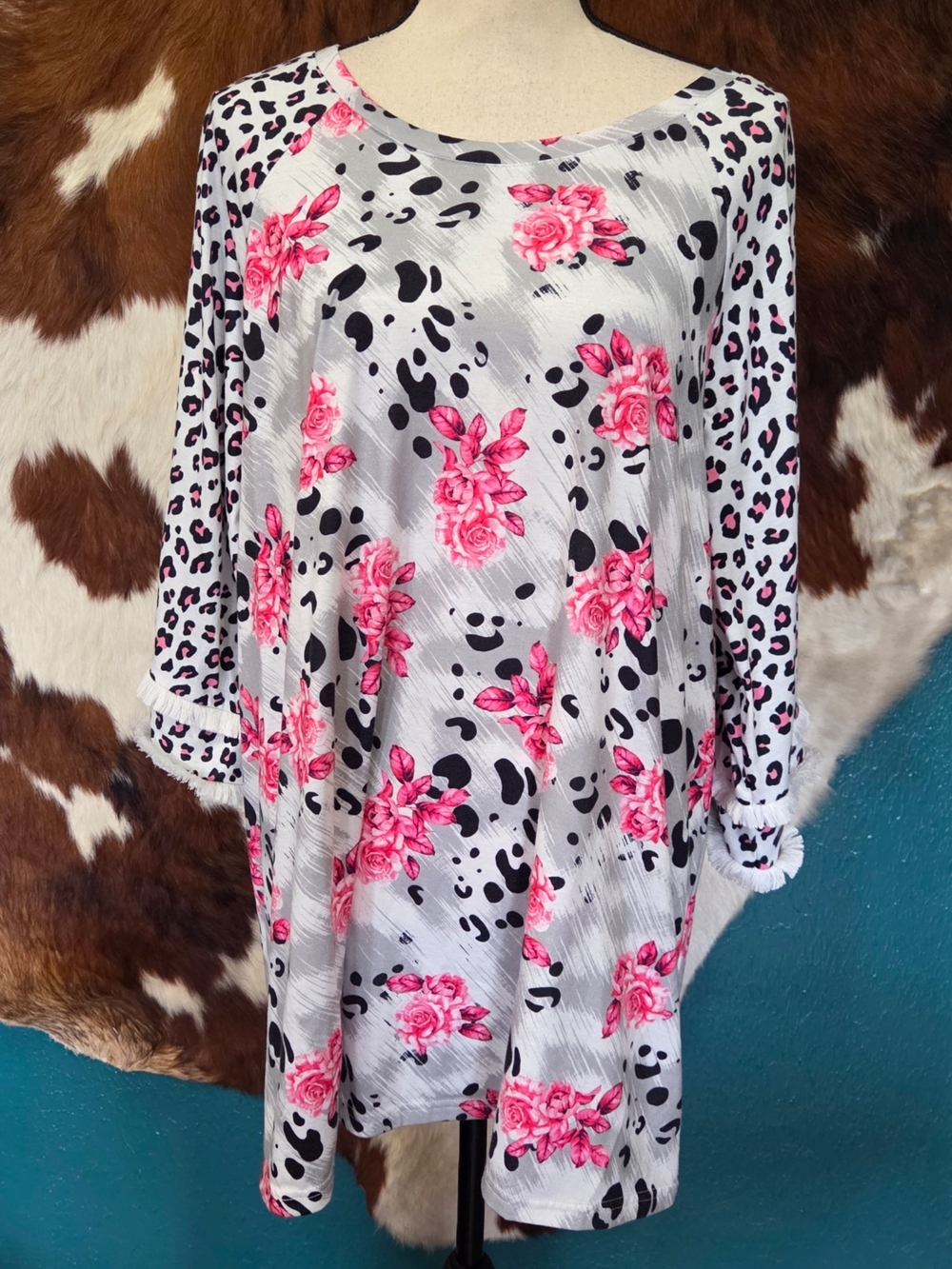 Southern Stitch Floral & Leopard Print Tunic with Pink Roses